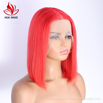 Huashuo Short Bob T-part Transparent Lace Frontal Wig Human Hair Lace Wig,  Middle Part Color Bob Lace Wig
